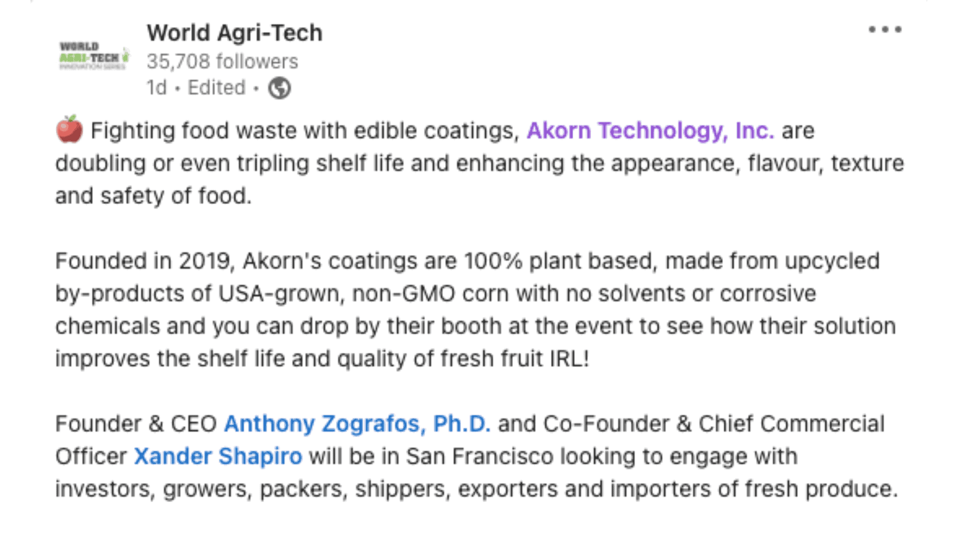 World agri-tech post on Akorn Tech